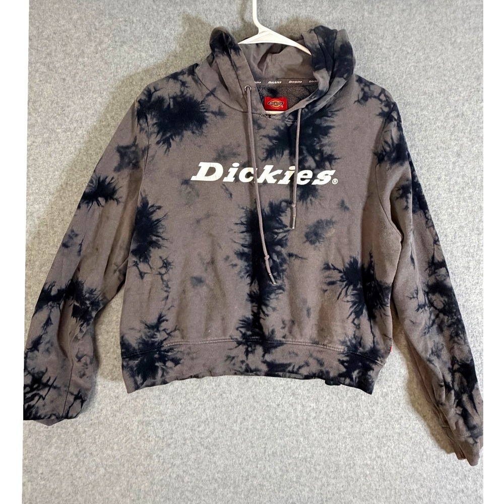 Dickies Hoodie Womens Large Cropped Tie Dye Logo Fleece Pullover Grey Black L